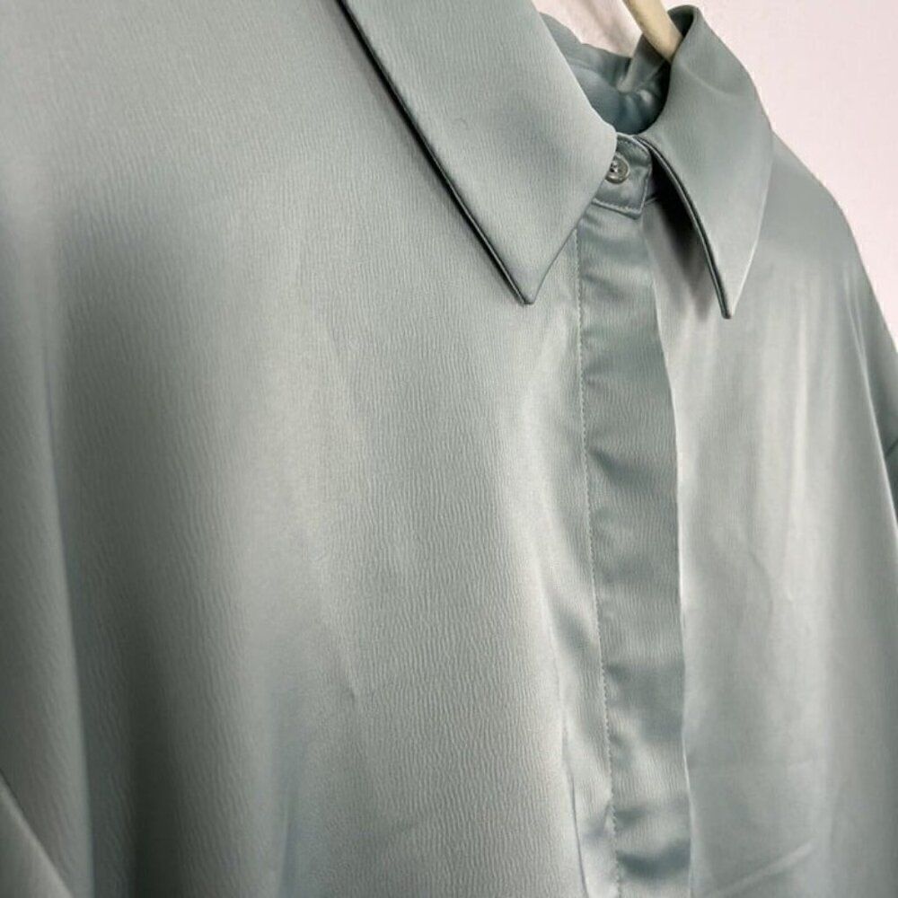 House of Harlow 1960 Revolve Women Blue Green Satin long Sleeve Mini Shirt Dress - Picture 9 of 12